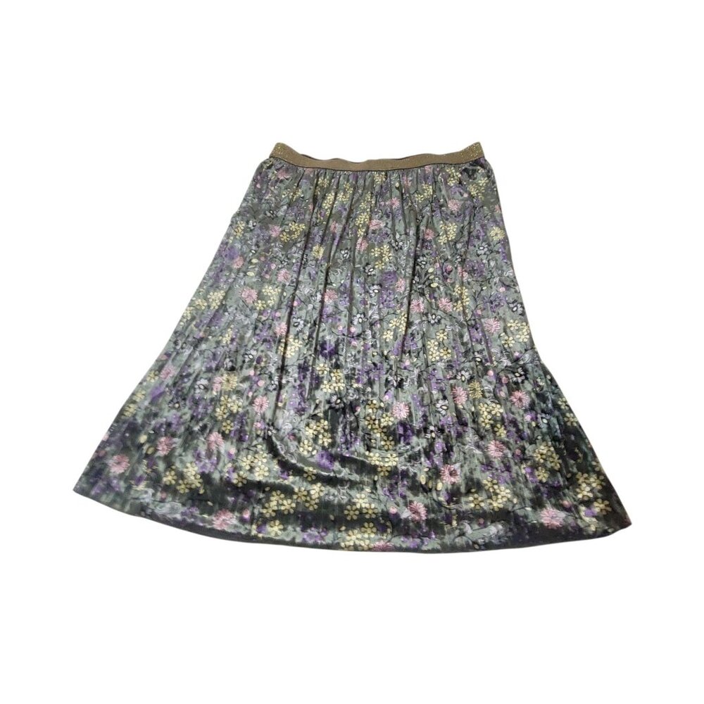 ModCloth Floral Pleated  Green Velvet Skirt 1X Gold Waistband Retro Fairycore - Picture 15 of 16